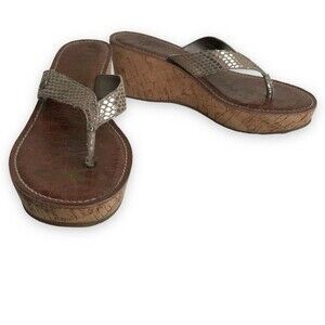 Sam Edelman Romy Cork Wedge Platform Thong Gold Reptile Snake Sandal Size 9.5